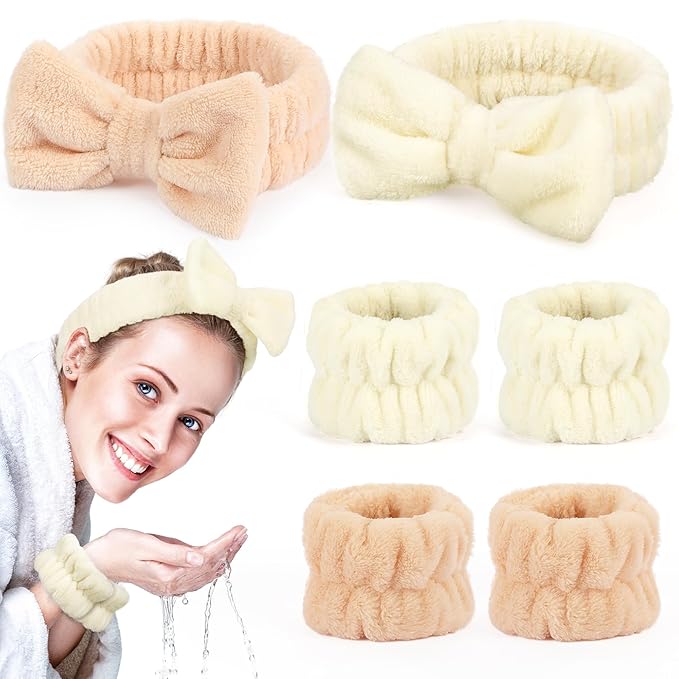 Spa Headbands for Women with Wristband Set: Facial Makeup Headbands for Girls & Teens - Soft Coral Fleece Elastic Hair Wraps with Wrist Accessories for Washing Face Shower Bath Beauty Skincare Gifts
