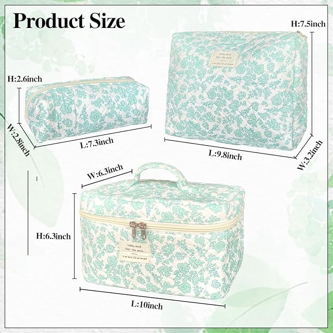 Green Large Quilted Floral Makeup Bag Set of 3 Cute Coquette Aesthetic Cosmetic Bag Set Travel Toiletry Bag for Women