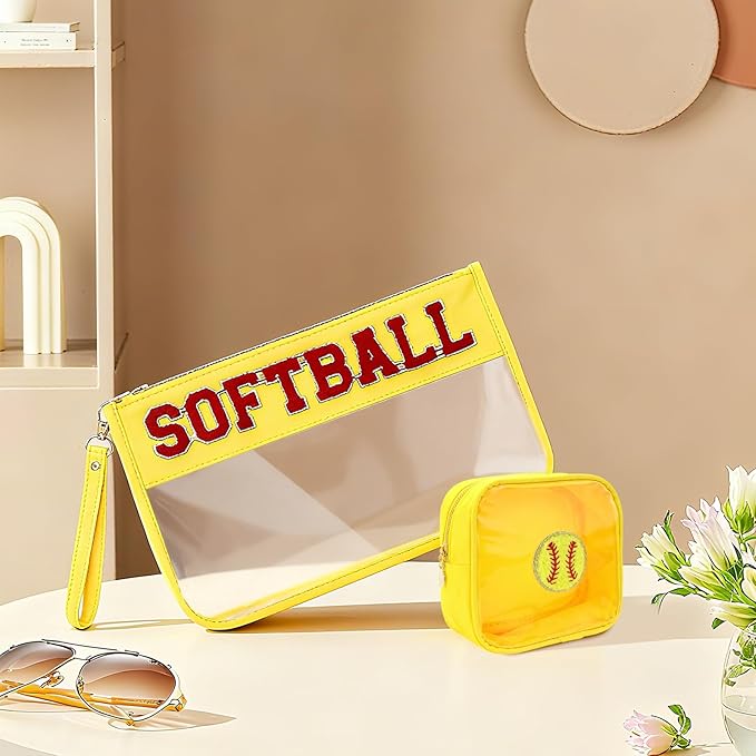 2Pcs softball Makeup Bag Set, PVC Large Capacity Portable Transparent Cosmetic Bag, Travel Wash Bag, Stationery Storage Bag (softball)