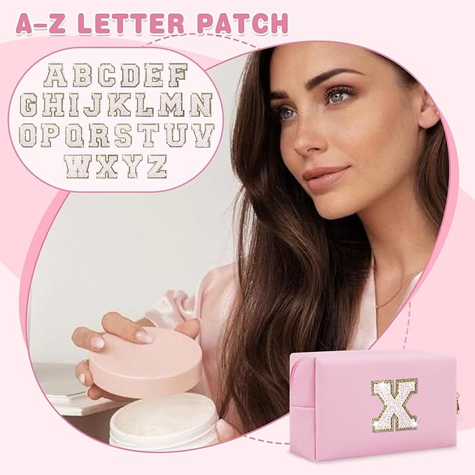 Small Personalized Initial A-Z Patch Makeup Bag,Pink Cute PU Leather Glitter Letter Cosmetic Bag for Teen Girls,Travel Toiletry Bag with Zipper,Preppy Monogrammed Birthday Gift for Daughter Niece X