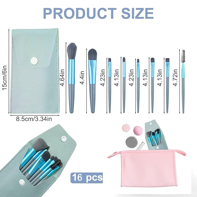 16 Sets Travel Makeup Brush Set Bulk Brushes Bag Mini Face Make up Brushes Brushes Bag for Makeup Party Favors Wedding Bridal Shower Favors Bridesmaid Gift Bachelorette Party Gift(Blue)