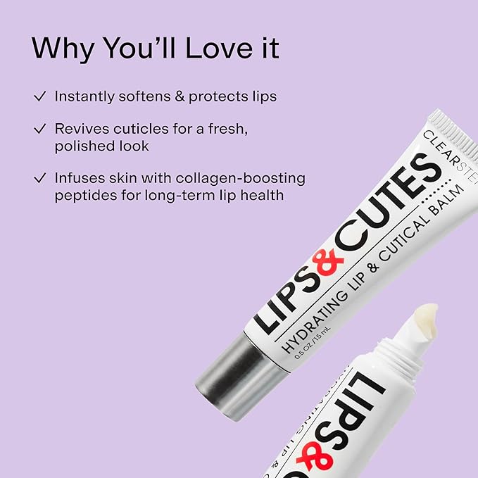 CLEARSTEM LIPS&CUTES Lip Balm & Cuticle Care - Multi-Tasking Hydrating Balm with Peptides, Vitamin E & Green Tea - Lip Care Products & Cuticle Balm Essentials for Daily Soothing & Nourishing Routine