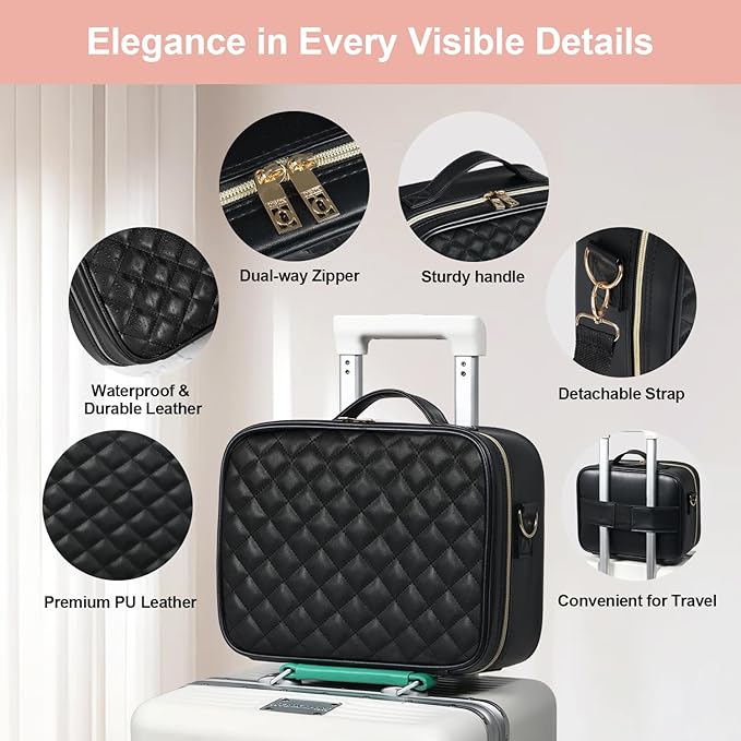 Makeup Case with LED Light Mirror, Professional Portable Travel Cosmetic Organizer Bah with Adjustable Dividers, USB Charging, Large Capacity, Ideal for Travel, Gift for Women Girls, Black