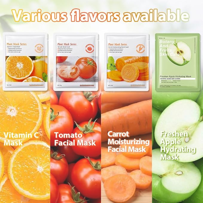 12 Pack Various Fruits Face Sheet Mask Skincare,Hydrating Face Mask For Sensitive Skin,Moisturize,Soothing,Nourish for All Skin Types,Natural Spa Party Facial Mask Skincare Set for Women Men Girls