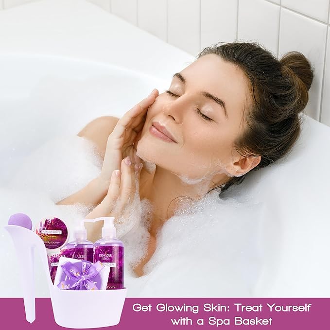Luxury Spa Gifts for Women – 8 Pc Lavender Scented Bath and Body Set with Bubble Bath, Lotion & More – Luxury Self Care Kit for Wife, Mom, Girlfriend, Birthday Gifts for Women by Draizee