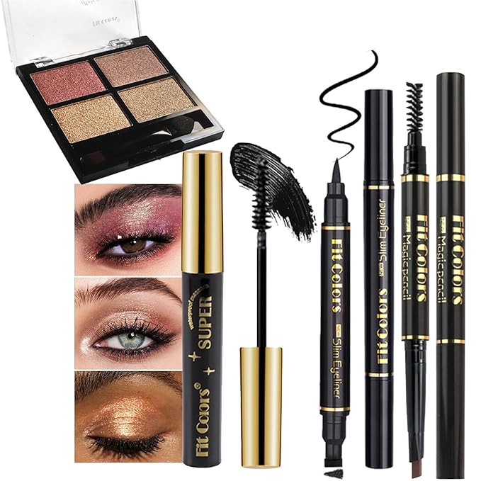 4-in-1 Eye Makeup Kit 4 Colors Eyeshadow Palette Black Liqiud Eyeliner with Stamp and Double-headed Brown Eyebrow Pencil Set for Women Beginners Gift (03)