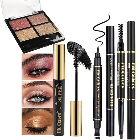 4-in-1 Eye Makeup Kit 4 Colors Eyeshadow Palette Black Liqiud Eyeliner with Stamp and Double-headed Brown Eyebrow Pencil Set for Women Beginners Gift (03)