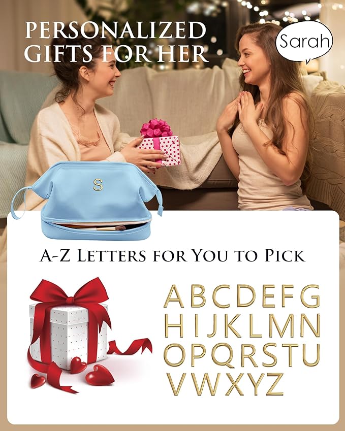 Monogrammed Gift for Women Girls, Initial Makeup Bag, Personalized Double Layer Cosmetic Bag with Makeup Brush Organizer, Large Capacity PU Leather Travel Toiletry Bag, Sister Gifts