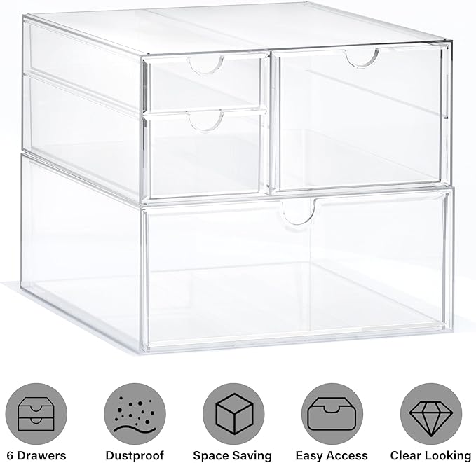 Prsildan Acrylic Drawer Makeup Organizer with 4 Drawers, Set of 2 Office Desk Organizers Accessories, Clear Stackable Storage Drawers for Vanity, Countertop, Craft, Jewelry, Art Supply Organization