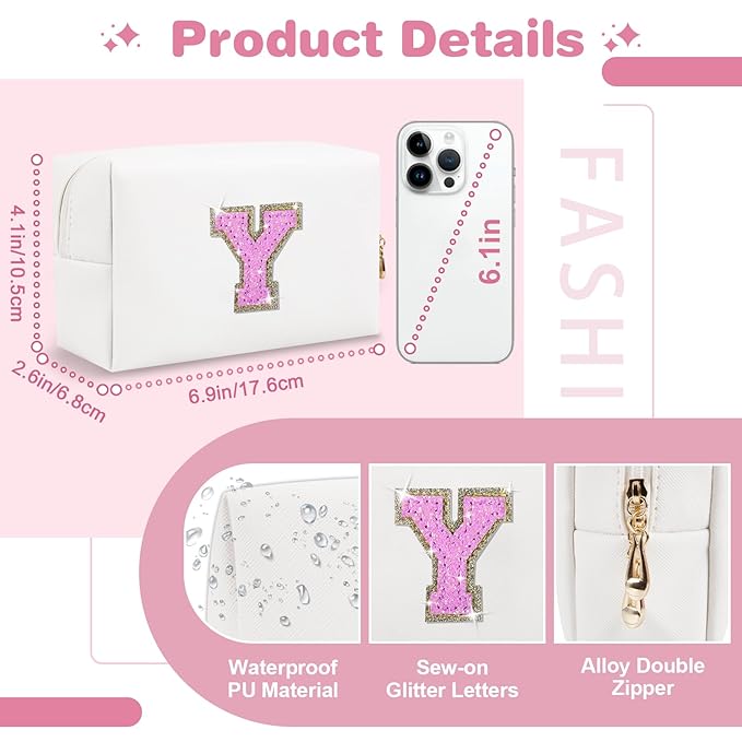 Small Initial Patch Makeup Bag Personalized Gifts Make Up Bag,White Cute PU Leather Glitter Letter Cosmetic Bag with Zipper,Trendy Portable Travel Toiletry Pouch,Preppy Stuff for Teen Girls Women Y