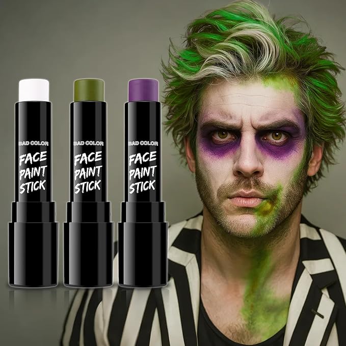 BADCOLOR 3PCS White Ogre Green Purple Face Body Paint Stick Makeup for Beetle-juice/ Frankenstein SFX Cosplay & Dress Up, Full-Coverage Halloween Facepaint Makeup Kit