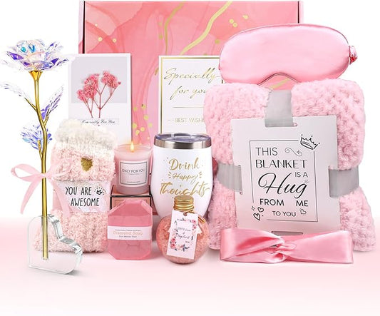 Birthday Gifts for Women Self Care Gifts Get Well Soon Gifts, Rose Relaxing Spa Gifts Basket Care Package, Luxury Flannel Blanket, Unique Mothers Day Idea Gifts for Mom Her Grandma Friend Sister Wife