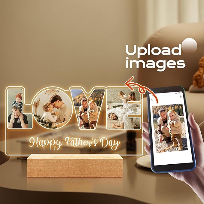 Custom Picture Frames with Photo, Personalized LOVE Photo Frame with Night Light, Customized Picture Frame, Personalized Christmas Fathers Day Birthday Gifts for Dad