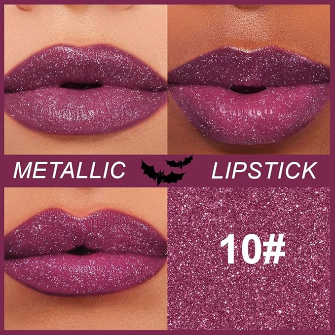 Kaely Glitter Metallic Lipstick, Shimmer Metallic Lipsticks for Women, High Pigmented Lip Gloss Long Lasting Waterproof Smudge Proof 24 Hour, Halloween Makeup, Vegan & Cruelty-Free, 10