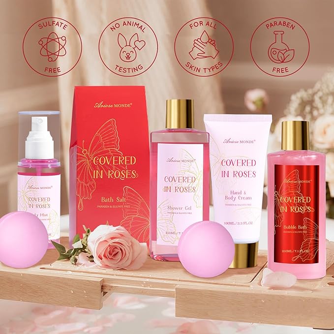 Gifts for Women,15Pcs Rose Amber Bath Relaxing Spa Gift Basket for Her, Mom, Sister, Female Friends, Daughter,Unique Bath Gift Set Idea for Women Who Have Everything, Mothers Day Gifts for Mom