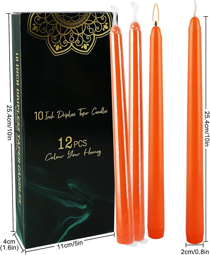 10 Inch Orange Slender Taper Candles Set - 12 Pcs Dripless, Smokeless with Cotton Wick, Ideal for Halloween,Thanksgiving,Dinner, Weddings & Home Decor.