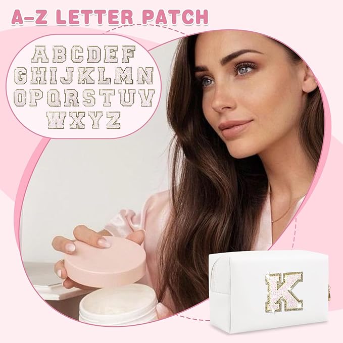 Small Initial Patch Makeup Bag Personalized Gifts Make Up Bag,White Cute PU Leather Glitter Letter Cosmetic Bag with Zipper,Trendy Portable Travel Toiletry Pouch,Preppy Stuff for Teen Girls Women K