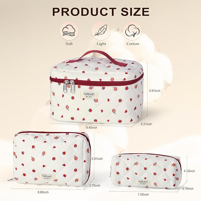 TOPEAST Makeup Bag for Women Girl, 3Pcs Large Cotton Travel Make up Organizer, Quilted Brush Toiletry Pouch Portable Cosmetic Bags with Big Compartment Zipper, Strawberry