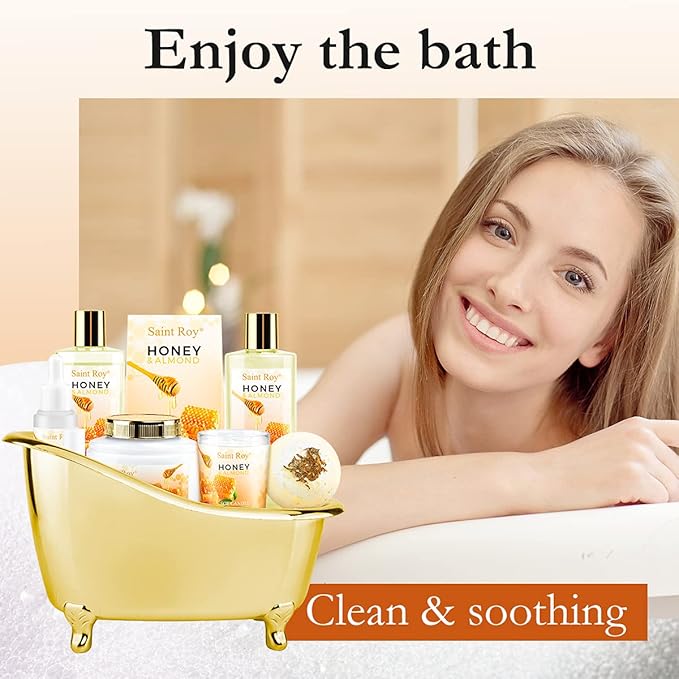 Fathers Day Gifts for Men Bath spa Gifts for Her Spa Gift Basket, Honey Almond Spa Basket Bath and Body Set with Bath Bomb, Jojoba Oil & Lip Balm, Birthday Holiday Home Spa Gifts for Women & Men Dad