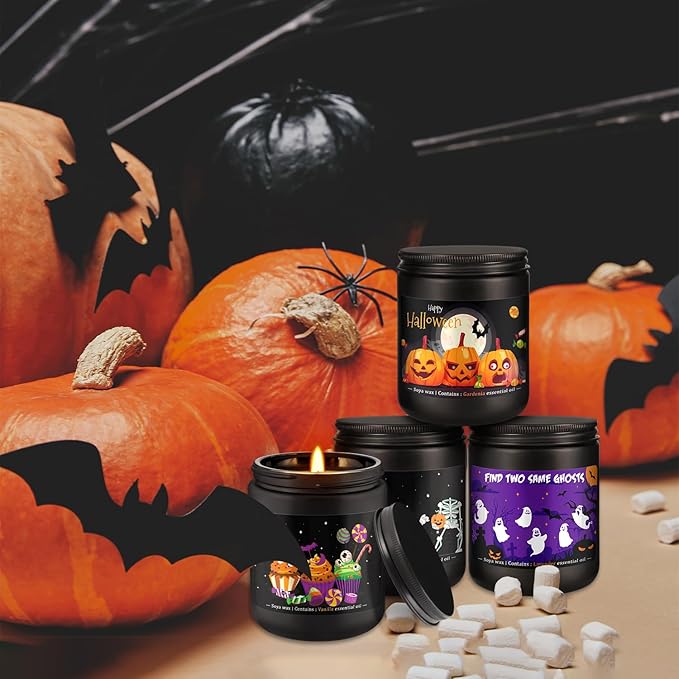 Halloween Scented Candle Set, 4-Pack 7oz Soy Wax Candles with 4 Fragrances, Long-Lasting Burning for Halloween, Christmas, Home Decor, Rituals & Themed Parties.