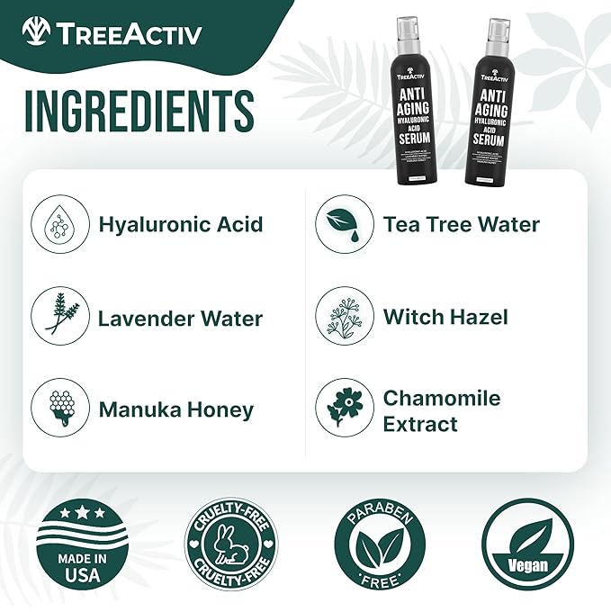 Anti-Aging Hyaluronic Acid Serum for Face 2 oz, Hydrating Wrinkle Repair for Skin Care, Pure Hyaluronic Acid Face Serum for Women, Oil-Free Anti-Aging for Advanced Skin Repair TreeActiv