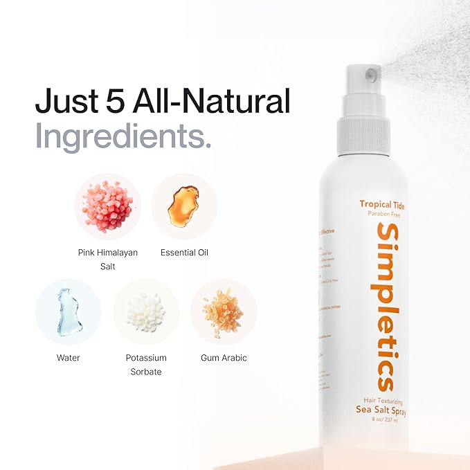 Simpletics Himalayan Sea Salt Spray for Hair - All Natural, 5 Ingredient Texturizing and Volumizing Product - Tropical Scented - Beach Look To Add Volume & Texture - Unisex - 240ml...