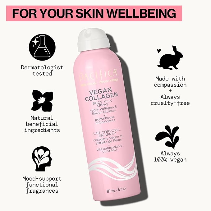 Pacifica Spray Lotion for Body - Vegan Collagen Body Milk Spray – Hydrating Moisturizer Mist Fast-Absorbing Instantly Hydrates & Softens Skin Jasmine & Vanilla Natural Scent Clean Beauty Non-Aerosol