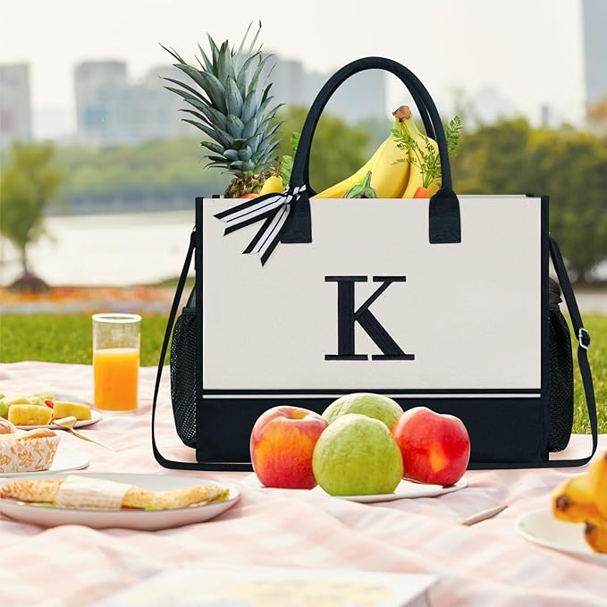 TOPDesign Personalized Initial Canvas Tote Bag, for Wedding, Birthday, Beach, Perfect Gifts for Women, Mom, Teachers, Friends