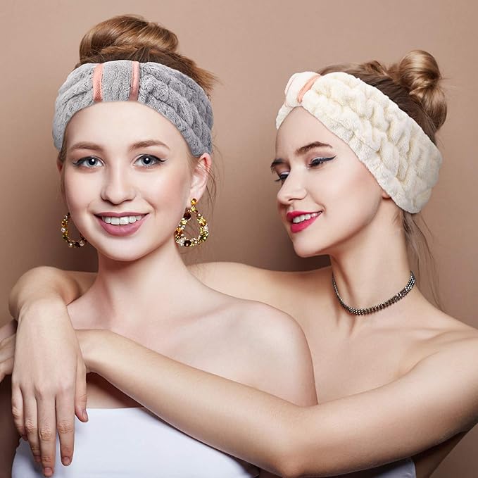 WILLBOND 4 Pack Microfiber Headbands Spa Facial Headbands Makeup Head bands Elastic Terry Cloth Head Wrap for Women Girls Washing Face Makeup Shower Yoga Sports(Pink, Green, White and Grey)