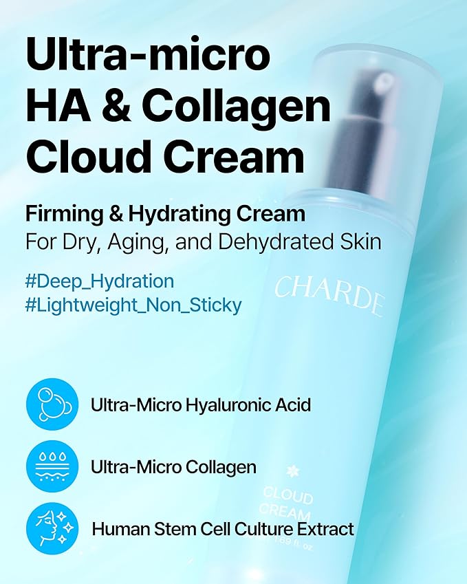 CHARDE Cloud Cream, Advanced Firming Cream for Face and Neck | Anti-Aging Moisturizer with Human Stem Cell, Peptides & Collagen for Deep Wrinkles, Fine Lines & Sagging Skin | Korean Skin Care