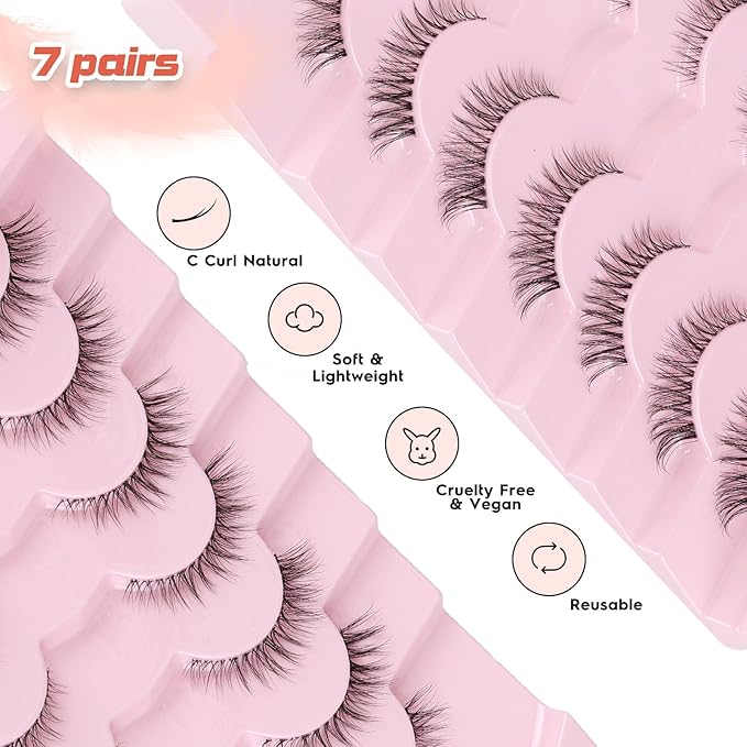 Eyelashes Cat Eye Lashes Natural Look 12mm False Lashes Wispy C Curl Eyelashes with 0.1Mm Thin Band 3D Volume Fake Eyelash Pack Natural Lash Strips 7 Pair Siligli
