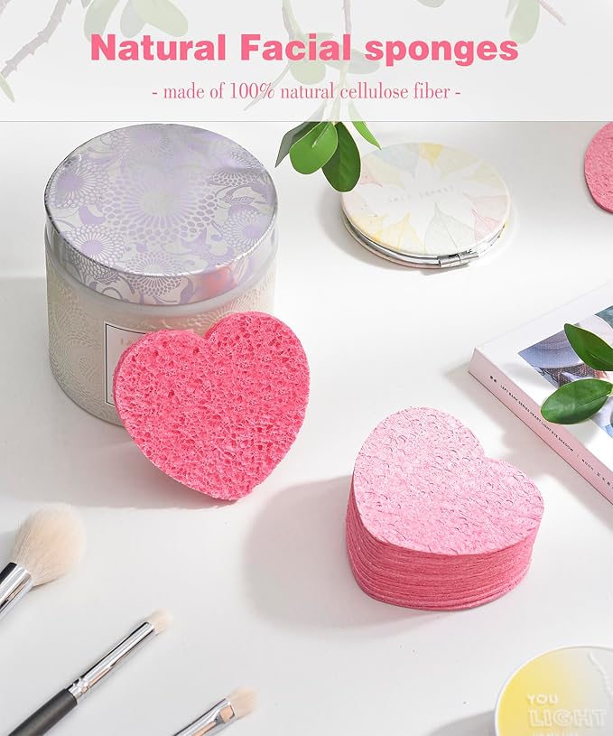 50-Count Compressed Facial Sponges for Estheticians- 100% Natural Cellulose Face Sponge Spa Sponges for Face Cleansing, Massage, Pore Exfoliating, Mask, Makeup Removal (Love-Pink)