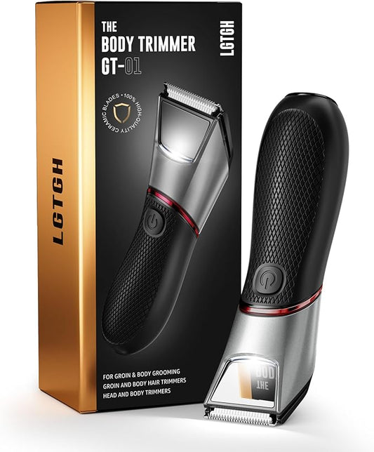Body Hair Trimmer for Men: Pubic Hair Trimmer with Mirror & LED Light - Electric Ball Shavers with Ceramic Blades & Travel Lock - Body Groomer IPX7 Waterproof Wet or Dry Use for Groin/Legs/Chest