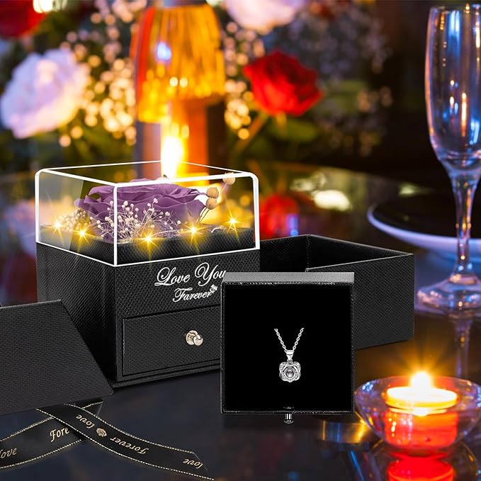 Preserved Lavender Purple Real Rose with Heart I Love You Necklace -Eternal Flowers Rose Birthday Gifts for Women Her Mom Wife Girlfriend Grandma on Valentines Mothers Day Christmas Anniversary