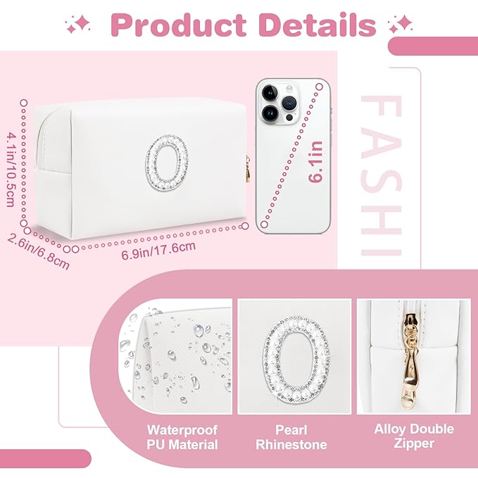 Bride Gifts – Personalized Initial Makeup Bag with Pearl Rhinestone Patch, Preppy White Monogram Cosmetic/Toiletry Pouch, bridesmaid Gifts, Bridal Shower Gifts, Wedding Gifts, Bridal Gifts,O