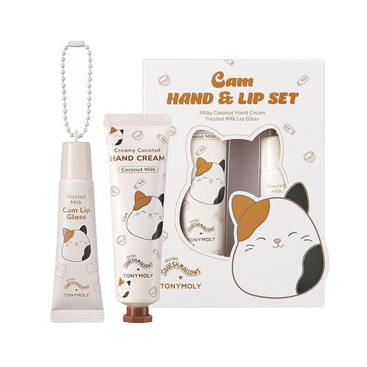 TONYMOLY x Squishmallows Cam the Cat 2-Piece Set – Coconut Milk Hand Cream & Frosted Milk Lip Gloss – Cute Korean Skincare & Beauty Gift for Women & Teens
