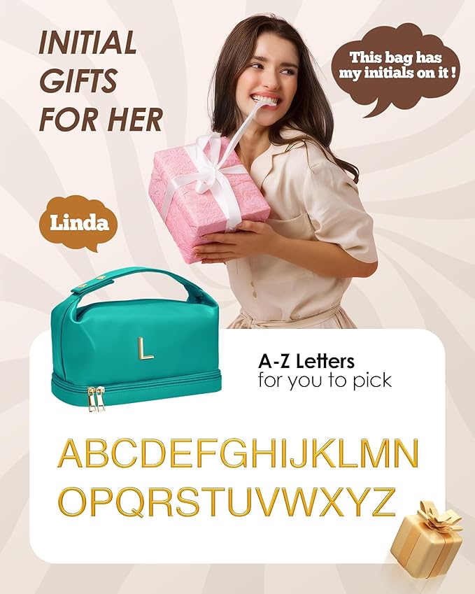 Gifts for Women 30s, Personalized Makeup Bag with Handle, Initial Double Layer Cosmetic Bag with Makeup Brush Organizer, Cute Cosmetic Pouch for Women, Gifts for Friends Female Mom