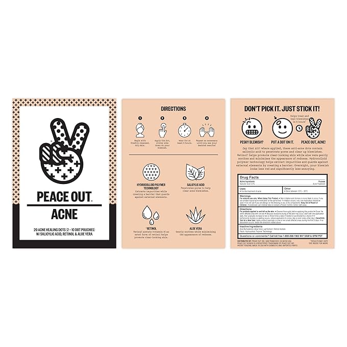 PEACE OUT Acne Day & Night Duo, Sheer Hydrocolloid Pimple Patches For Day Plus Overnight Acne Dots, Helps Clear Blemishes Quickly with Salicylic Acid, Retinol and Aloe Vera, 20 dots