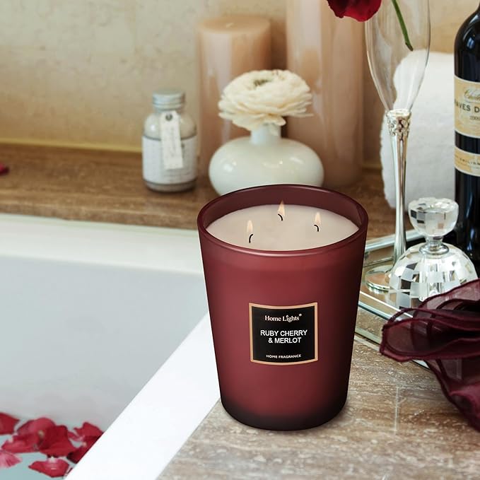 HomeLights Scented Candles - Large Jar Aromatherapy, Natural Soy Wax, 130 Hour Long Burning, Ruby Cherry & Merlot