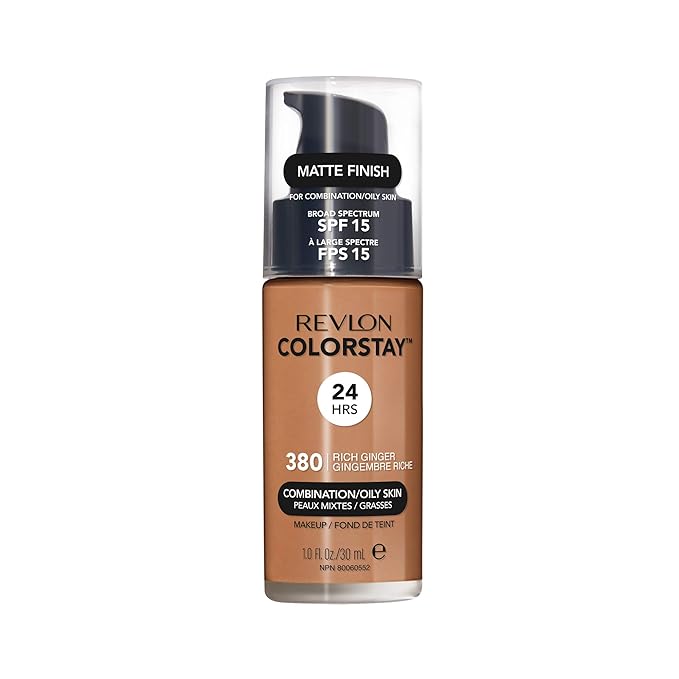 Revlon Liquid Foundation, ColorStay Face Makeup for Combination & Oily Skin, SPF 15, Medium-Full Coverage with Matte Finish, 380 Rich Ginger, 1 fl oz