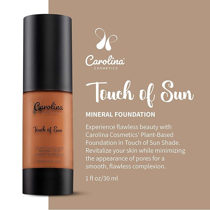 Plant-Based Foundation in Touch of Sun Shade - Hydrating, Pore-Minimizing & Buildable Coverage - Vegan, Non-GMO, Gluten-Free, Paraben-Free - Sun Protection - 1Fl Oz