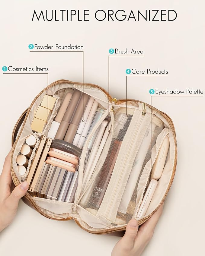 Vlando Travel Makeup Bag,Brown Leather Make up Bag,Portable Toiletry Bag with Divider and Handle,Gifts for Women (Brown)