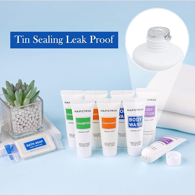 10 Pcs 5-IN-1 Hotel Soaps and Toiletries Bulk Set,5-Piece Set Mini Bulk Travel Size Toiletries Set 1 oz each Shampoo,Conditioner, Body Wash and Lotion,0.53 oz Soap Hotel Supplies for Guests,Homeless