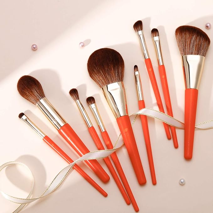 DUcare Makeup Brushes 9Pcs Vegan Makeup Brush Set with Travel Pouch - Face & Eye Brush Kit for Powder Contour Blush Concealer Eyeshadow Blending & Detailing, Synthetic Bristles,Orange