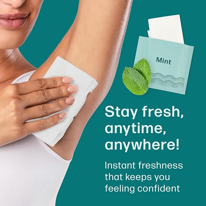 50 Individually Wrapped Armpit Wipes, Deodorant Wipes, A Fresh Start When You’re On the Go, Aluminum, Paraben, and Sulfate Free, Mint Scent
