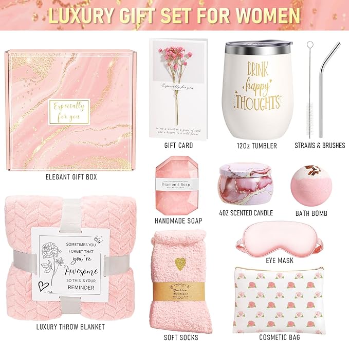 Happy Birthday Gifts for Women Self Care Gift, Relaxing Care Package Get Well Soon Spa Gift Basket with Luxury Blanket, Mothers Day, Brithday Gifts for Mom Her Friend Sister Wife