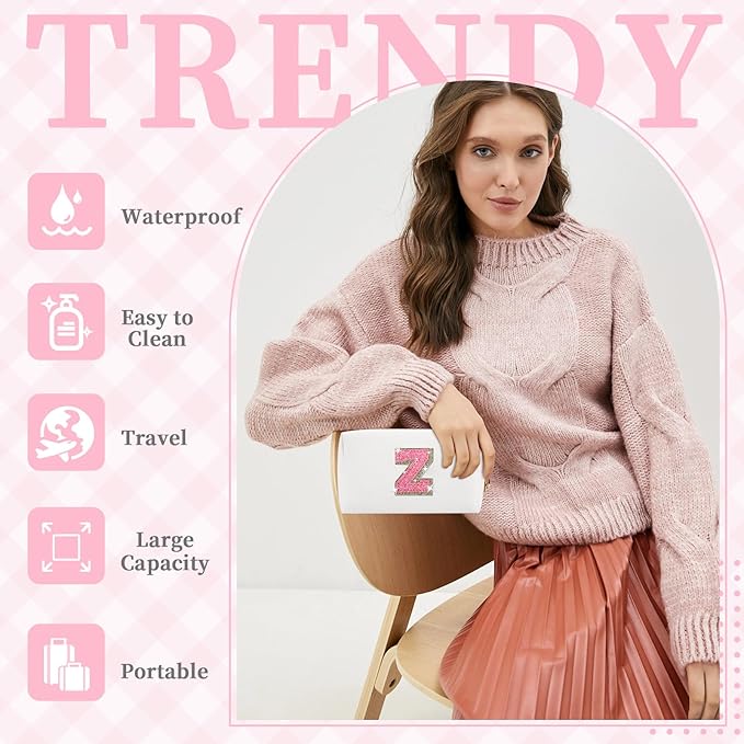 Small Initial Patch Makeup Bag Personalized Gifts Make Up Bag,White Cute PU Leather Glitter Letter Cosmetic Bag with Zipper,Trendy Portable Travel Toiletry Pouch,Preppy Stuff for Teen Girls Women Z