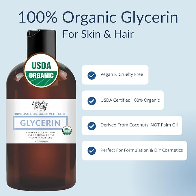 100% Organic Glycerin – USDA Certified - Perfect for DIY Beauty Products, Crafts, and Formulations – Derived From Coconut – Skin and Hair Moisturizer for Deep Hydration – 16 Fl Oz – By Everyday Beauty