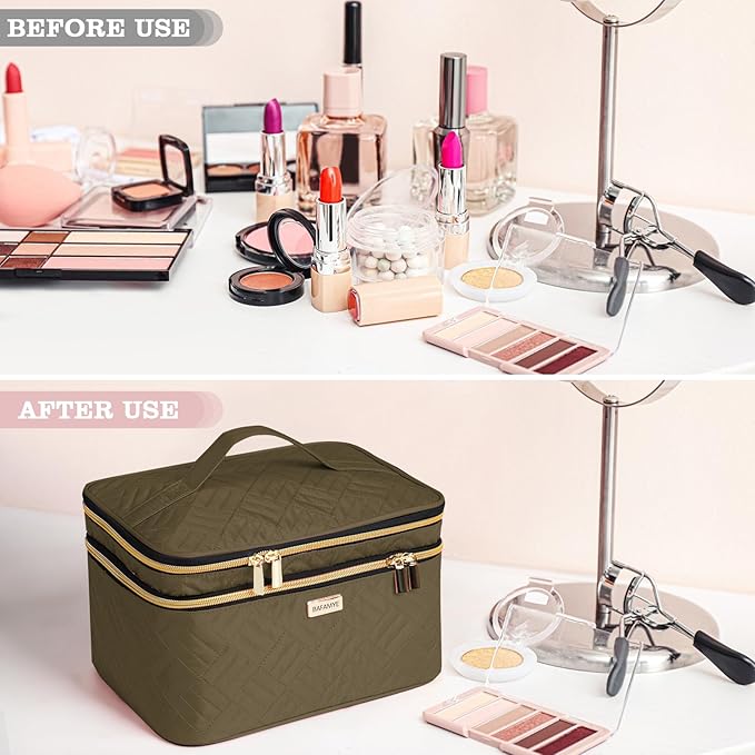 8.8L Double Layer Travel Makeup Bag With Mirror For Women, Large Cosmetic Case, Organizer for Travel-Size Accessories Bottles, Brushes,and Skin Care Products, 2.33 GAL, Brown…