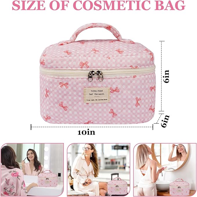 Large Makeup Bag, Cute Cosmetic Bag for Women Girls, Floral Coquette Aesthetic Toiletry Bag, Travel Make Up Organizer Bag (Pink Butterfly)